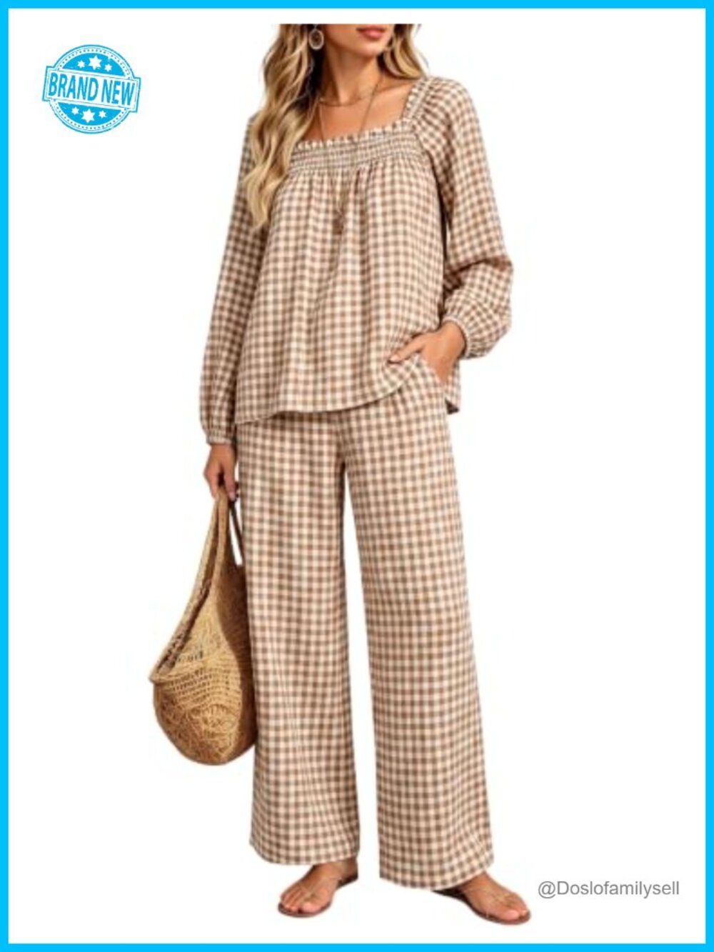 Womens Gingham 2 Piece Cotton Lounge Set Smocked Neck Wide Leg Pants